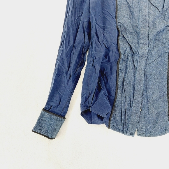 J. Crew Blue Two Fabric Button Up Long Sleeve Sheer Shirt Blouse P2301 - Picture 3 of 7